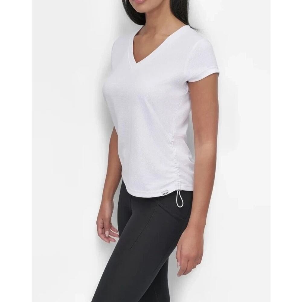 DKNY Women's V-Neck Tech Tee Shirt Ruched Sides Short Sleeve Top White Size XS